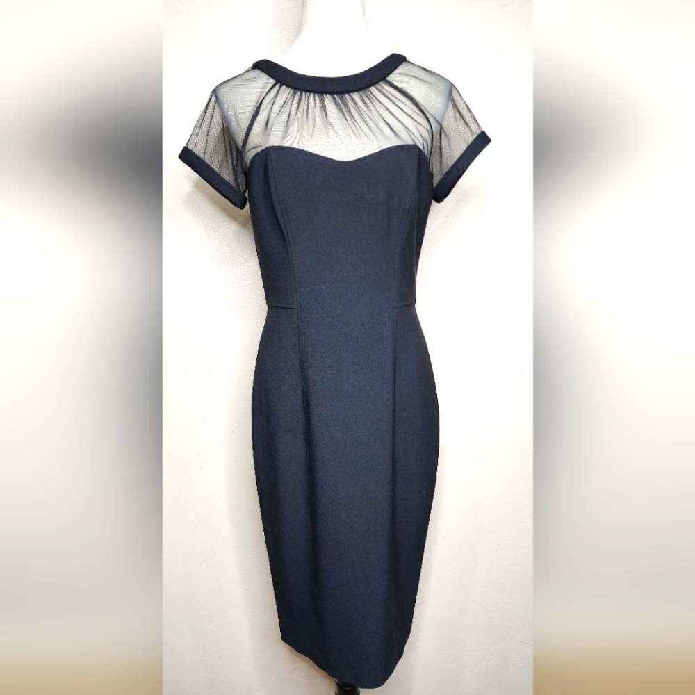 #65h. Maggy London Black Bodycon Midi Dress Back Zipper Size 8 Classic Look
